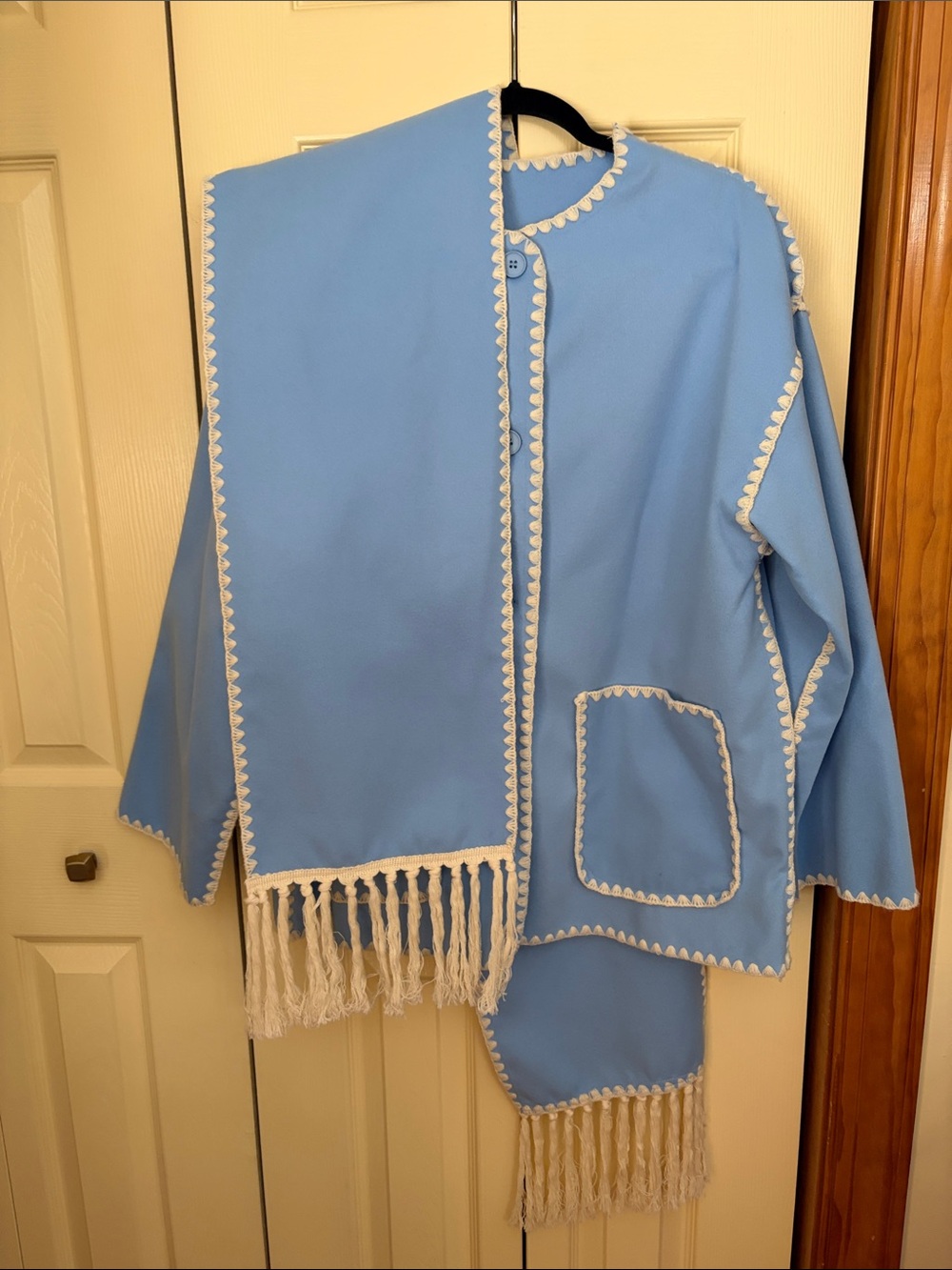 Light Blue Cozy Button-Front Women's Coat with Contrast Trim/ Scarf - Picture 2 of 2